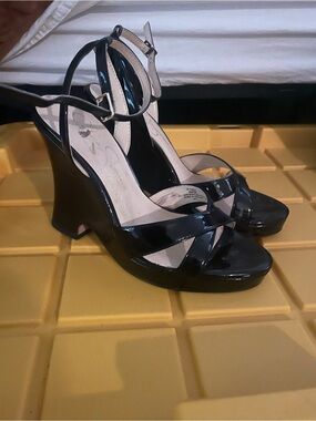 Jessica Simpson Black Patent Wedge Sandals with Ankle Buckle
